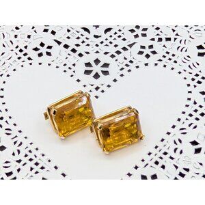 Vtg Mazer Earrings Clip on Gold Tone Faux Topaz Faceted Art Deco 50's Mogul 0.4"